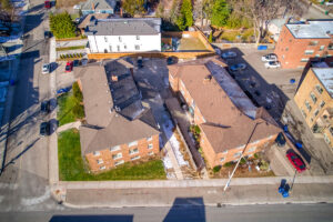 Aerial view of 320 and 322 Lakeshore Road West apartment buildings in Mississauga, Ontario