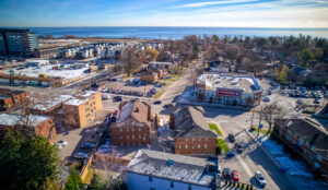 Aerial view of residential area surrounding 320 and 322 Lakeshore Road West in Mississauga