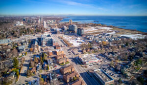 Aerial view of Port Credit area near 320 and 322 Lakeshore Road West in Mississauga