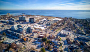 Aerial view of mixed residential and commercial development near 320 and 322 Lakeshore Road West