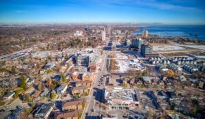 Aerial view along Lakeshore Road West near 320 and 322 Lakeshore Road West in Mississauga