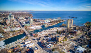 Aerial view showing transit corridor and surrounding residential towers near 320 and 322 Lakeshore Road West