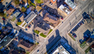 Aerial view of nearby retail plaza and residential buildings near 320 and 322 Lakeshore Road West