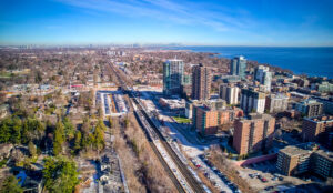 Aerial view of residential streets surrounding 320 and 322 Lakeshore Road West in Mississauga