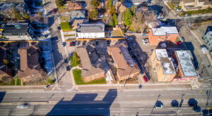 Aerial view of 320 and 322 Lakeshore Road West showing surrounding residential neighborhood in Mississauga