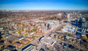 Top-down aerial view of 320 and 322 Lakeshore Road West apartment buildings and surrounding streets