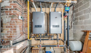 Mechanical room with building systems at 320 and 322 Lakeshore Road West
