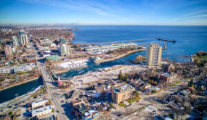 Aerial view near Port Credit showing 320 and 322 Lakeshore Road West in Mississauga