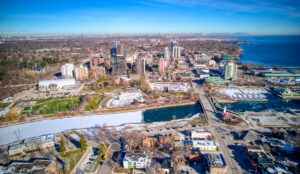 Aerial view of Lake Ontario near 320 and 322 Lakeshore Road West in Mississauga