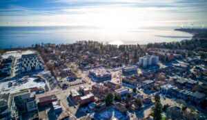 Aerial view of Mississauga skyline near 320 and 322 Lakeshore Road West