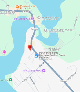 Map showing location of property near Port Carling, Ontario with surrounding roads and landmarks