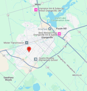Map highlighting location near Orangeville, Ontario with nearby highways and services