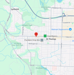 City map showing location in St. Thomas, Ontario with nearby amenities and parks