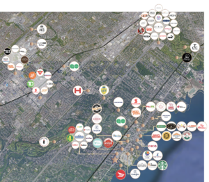 Map showing nearby shopping, dining, transit, and amenities around the property